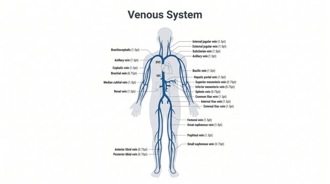 Full body venous system chart with superficial and deep veins labelled
