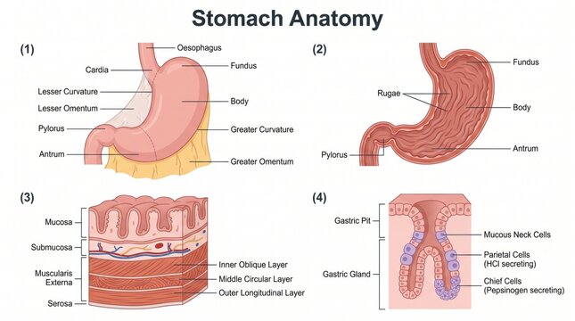 Anatomy poster of stomach wall layers and gastric cell types