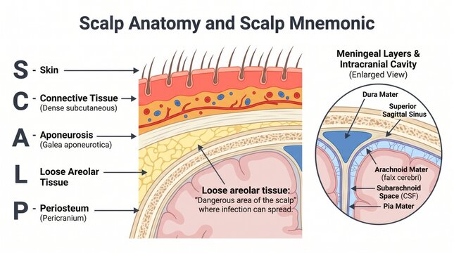 Scalp anatomy poster with labelled layers and meninges SCALP mnemonic