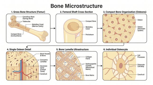 Anatomy poster of bone microstructure from whole bone to cellular level