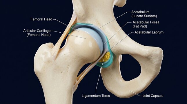 3D photorealistic hip joint render with acetabular labrum and ligaments