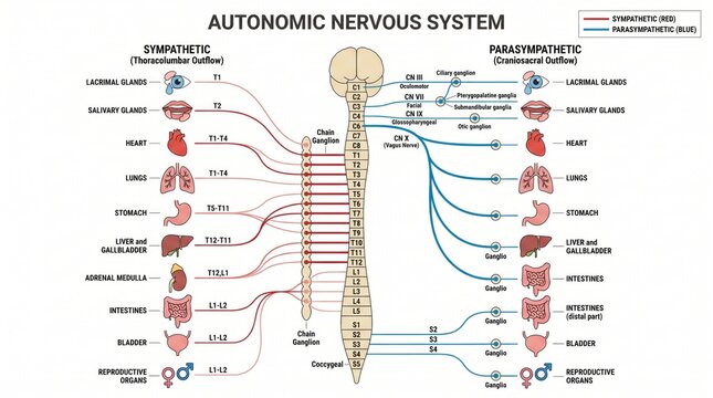Anatomy chart of autonomic nervous system with sympathetic and parasympathetic pathways