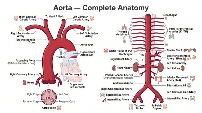 Complete anatomy chart of the aorta from aortic valve to iliac bifurcation