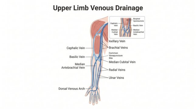 Anatomy chart of upper limb venous drainage with venepuncture site labels