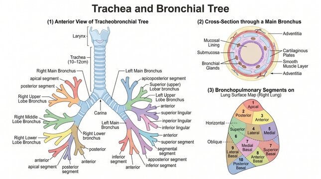 Anatomy chart of trachea and bronchial tree with segmental labelling