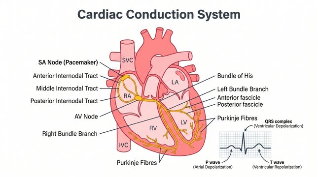 Anatomy poster of cardiac conduction system with ECG correlation
