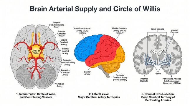 Human brain blood supply and Circle of Willis anatomy chart