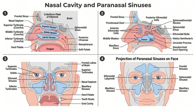 Four-view anatomy chart of nasal cavity and paranasal sinuses