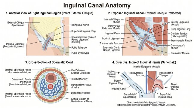 Labelled anatomy chart of inguinal canal with hernia types and spermatic cord