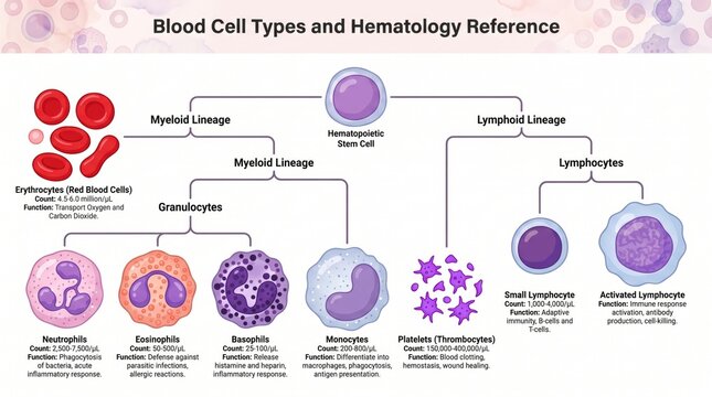 Haematology reference chart of human blood cell types and morphology