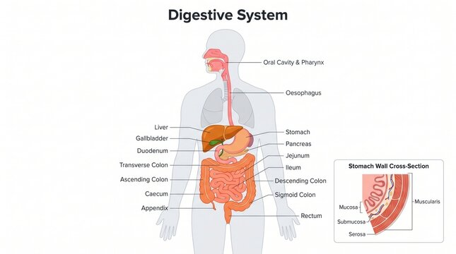 Labelled full body chart of the human digestive and gastrointestinal system