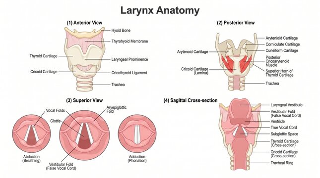 Anatomy poster of larynx with labelled vocal cords and cartilages
