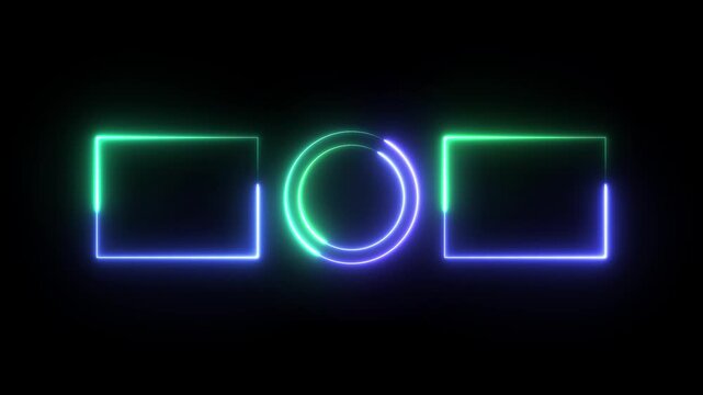 Neon glowing end screen template with animated circular loading and rectangular frames for social media branding