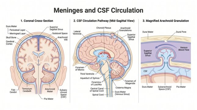 Anatomy chart of meninges and CSF circulation with ventricular system