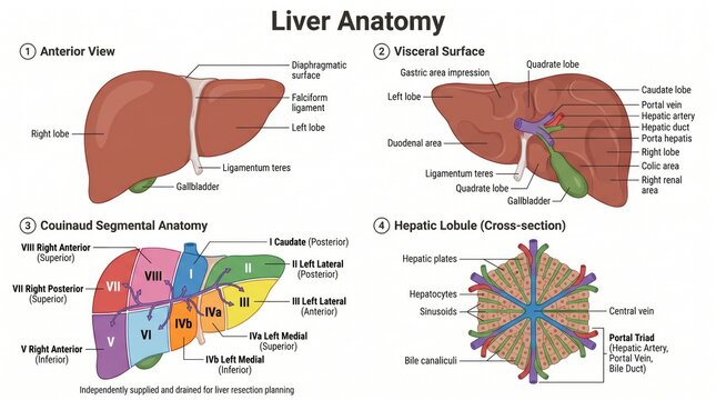 Hepatic lobule and Couinaud segment anatomy chart of human liver