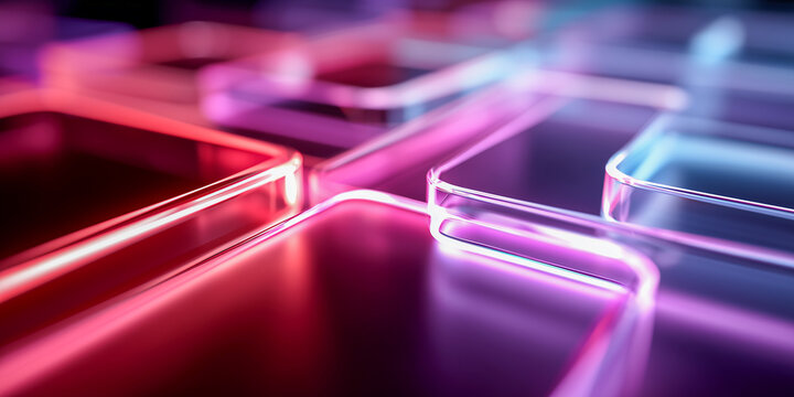 abstract microfluidic chip background with glowing neon fluid in transparent channels