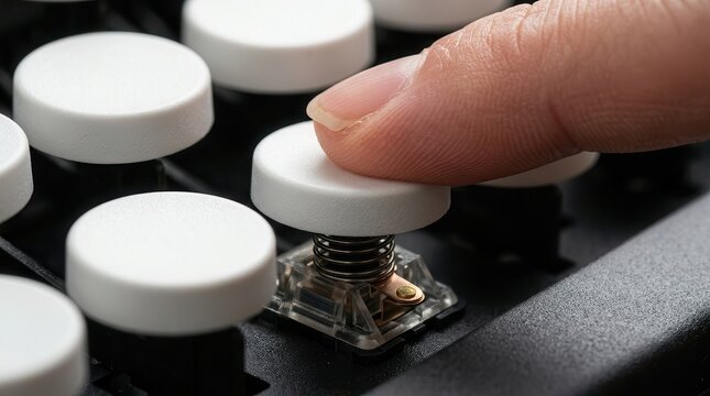 Finger pressing blank keycap on mechanical keyboard with white keycaps, close-up view highlighting the key switch mechanism and surrounding keys in a modern workspace