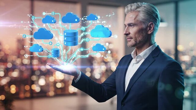 Businessman in suit holds cloud computing network with database server and digital data storage. Modern technology infrastructure for online information transfer, internet connection, and global