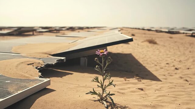Single purple wildflower blooming amidst abandoned solar panels buried in desert sand dunes