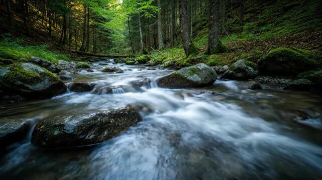 A serene forest stream flows over mossy rocks and through lush green trees creating a peaceful natural landscape