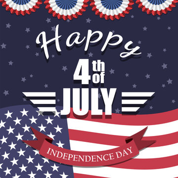 Patriotic 4th of July poster with American flag, stars, ribbon and festive typography. Independence Day celebration background in retro USA style vector illustration.