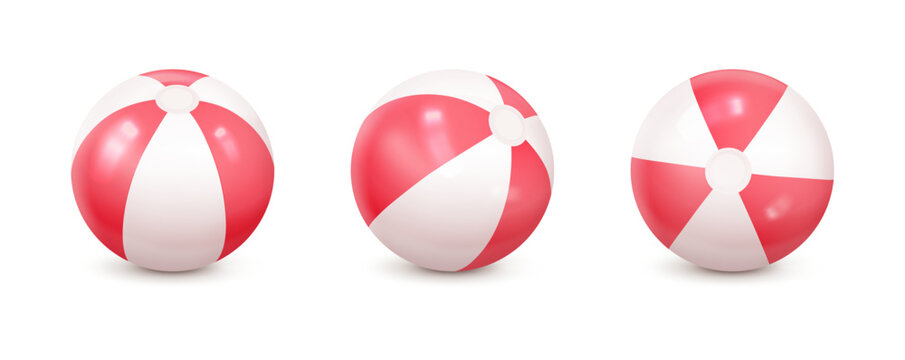 Collection of realistic inflatable beach balls in different angles and stripe patterns isolated on white background. Summer vacation toy mockup for beach and pool design