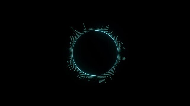 Neon blue circular audio visualizer waveform pulsing on black background, for music and, digital interface