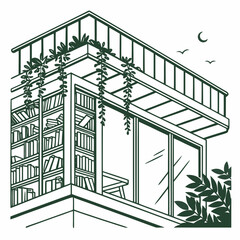 Modern apartment balcony with bookshelves and plants line art balcony garden © dog