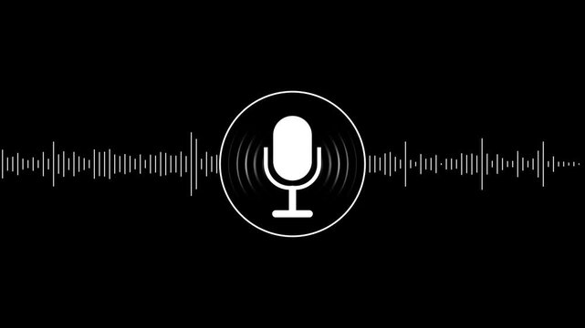 Animated microphone with pulsing audio waveform equalizer for podcast, voice command, and digital media projects