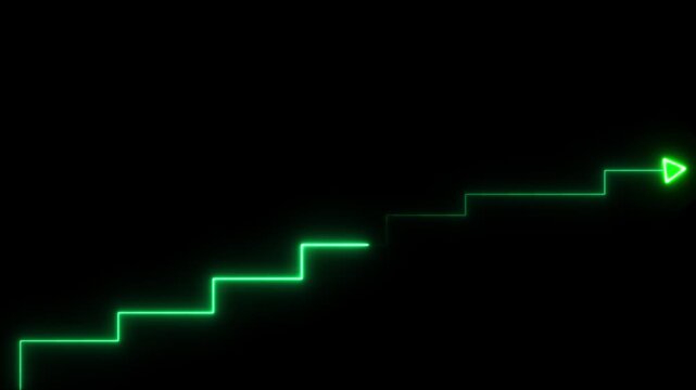 Neon green glowing step chart arrow rising upward, financial growth and success concept animation on black background