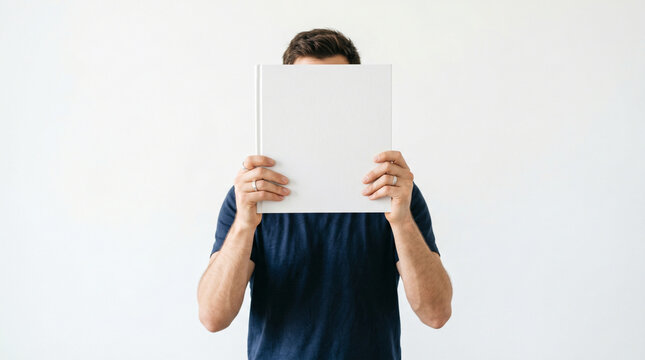 Minimalist shot of a man holding a blank white book that completely covers his face, isolated on a solid white background. Clean book cover mockup with ample copy space for design, reading concept