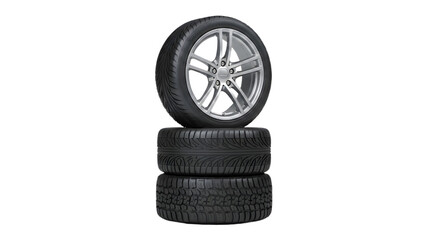 Stack of Three Black Rubber Car Tires with One Silver Alloy Wheel © muhammad Salman