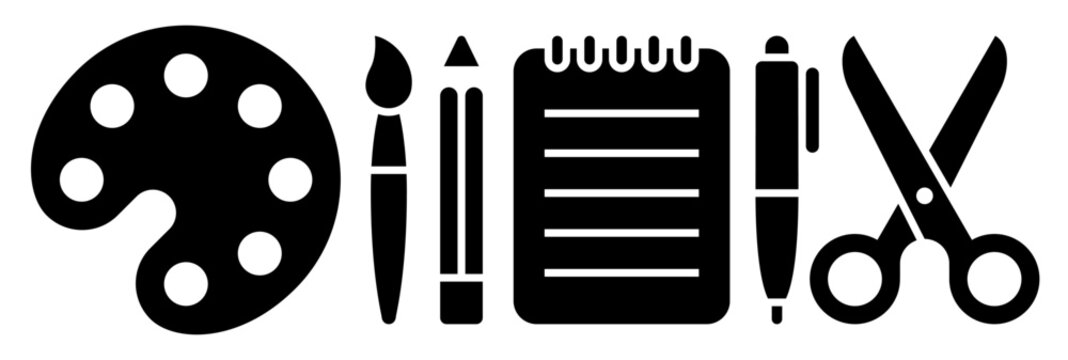 Art and craft silhouette icon set. Palette, paintbrush, pencil, notebook, pen and scissors symbols for creativity