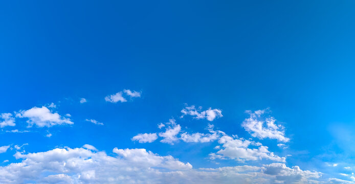 A feathery fanning of cumulus clouds in a serene, empty blue sky atmosphere. Panorama with big copy space for text viewed from below. Meteorological celestial spectacle. Blue skies in the turmoil.