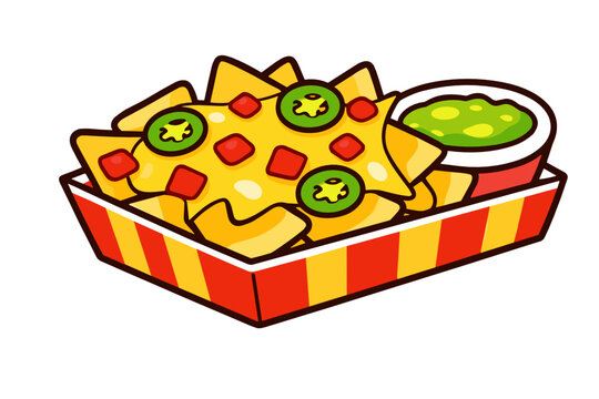 Cartoon nachos with melted cheese, jalape&ntilde;o slices, and guacamole dip served in a red striped box on white background.