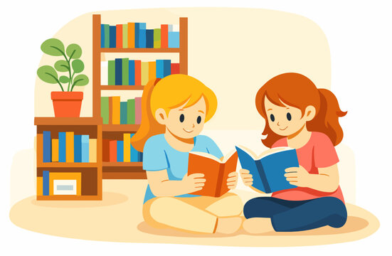 Two young girls sitting on the floor reading books together near a tall bookshelf with colorful books and plants. Concept of friendship and shared love of reading.