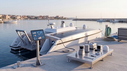 Fototapeta premium Autonomous coral survey boat at coastal research dock