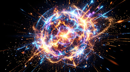 Obraz premium Futuristic Abstract Energy Sphere Big Bang Cosmic Explosion Sparking Particles and Plasma Fire Flames in Deep Black Space Background Sci-Fi Digital Art Core Power Nuclear Fusion Concept