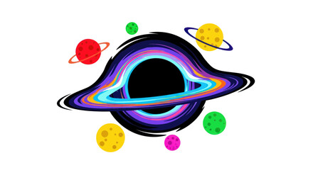 Colorful Black Hole with Planets and Rings in Space © Biru