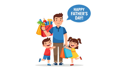 Obraz premium Happy Father's Day Greeting: A smiling father holds shopping bags filled with gifts, while his two excited children, a boy and a girl, embrace him with joy.