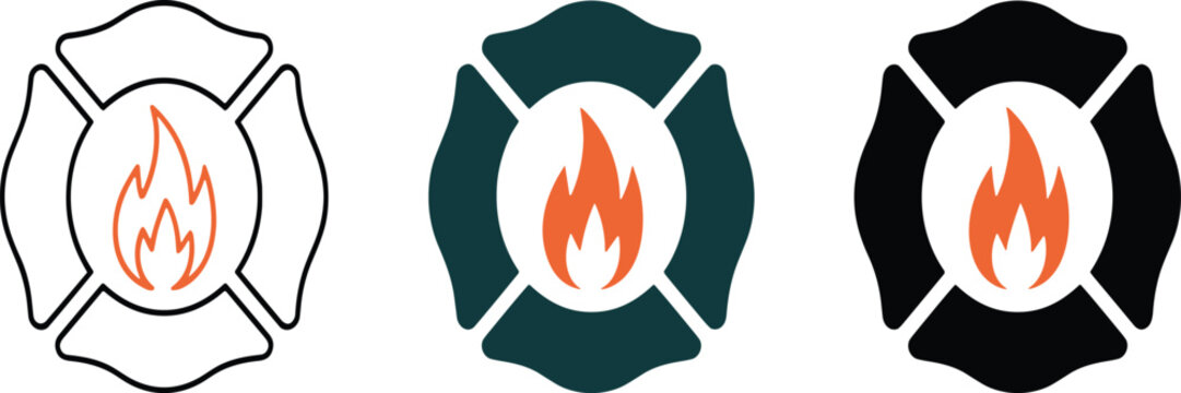 Three firefighter badge with flames in white, teal, and black vector illustration EPS PNG file