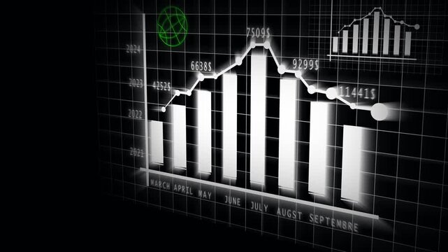 Animated financial data visualization charts graphs business growth success modern dark. Business finance graph animation financial charts stock market investment economy report.