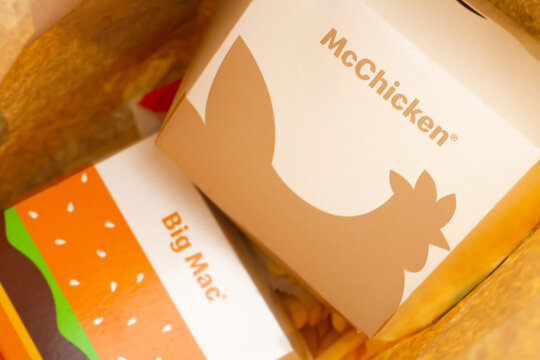 Wroclaw, Poland, April 12, 2026: Fast Food Favorites: McChicken and Big Mac Packaging for Casual Dining