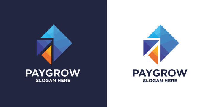 Blue and orange geometric with Paygrow text on dark and light backgrounds