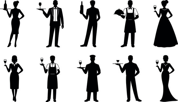 Vector silhouettes of restaurant staff and waiters holding wine glasses bottles and serving food trays for hospitality service icon set
