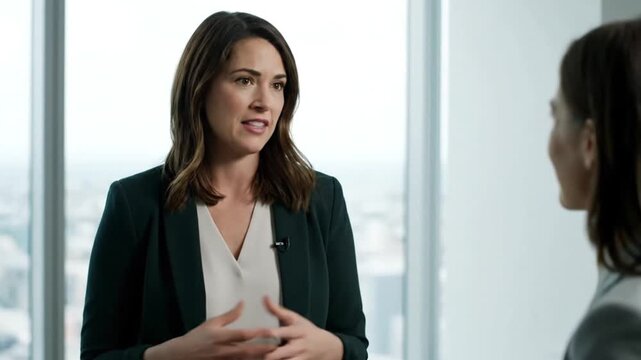 Confident Female Executive Speaking and Gesturing During Corporate Interview with City Scape Background View