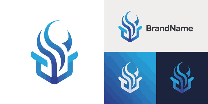 Blue and white abstract flame and hand with brand name text
