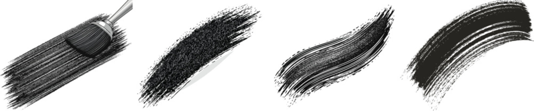 A deep obsidian black paint stroke, applied with a sponge roller against a pure white background, showcases a uniform yet grainy texture and irregular high-contrast boundaries ideal for vector tracing