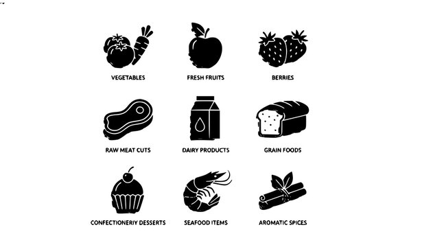 Grocery Store Product Categories Black Drop Shadow Icons Set with Food and Market Symbols