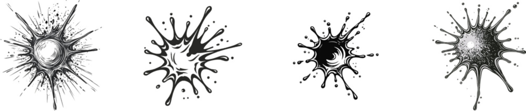 A dynamic, explosive design in dark slate grey splatters against a stark white background, showcasing degraded sections and crisp outer borders for seamless vector tracing